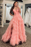 A-Line Spaghetti Straps Pink Princess Frill-Layered Long Prom Dress JKW128|Selinadress