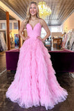 A-Line Spaghetti Straps Pink Princess Frill-Layered Long Prom Dress JKW128|Selinadress