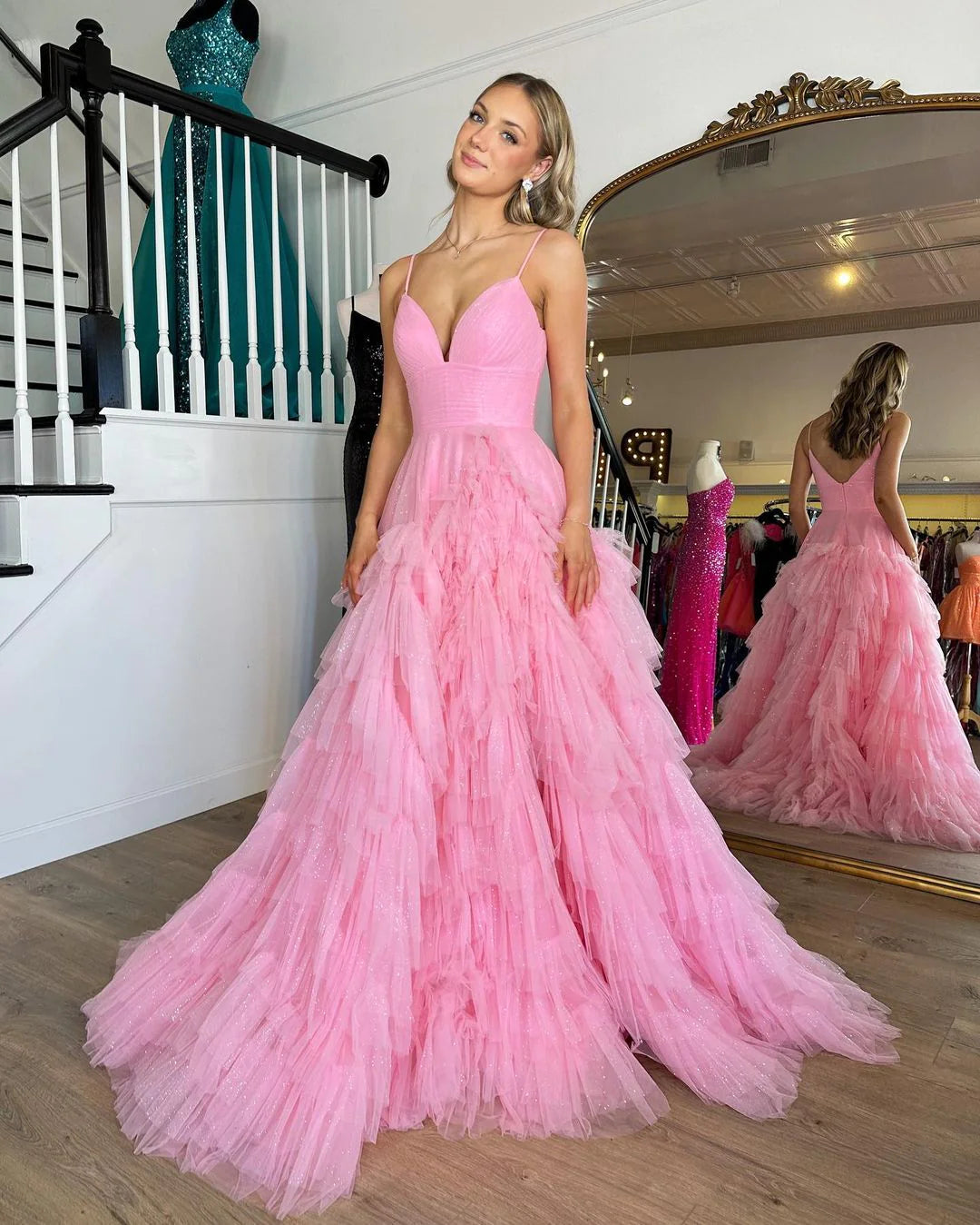 A-Line Spaghetti Straps Pink Princess Frill-Layered Long Prom Dress JK – SELINADRESS