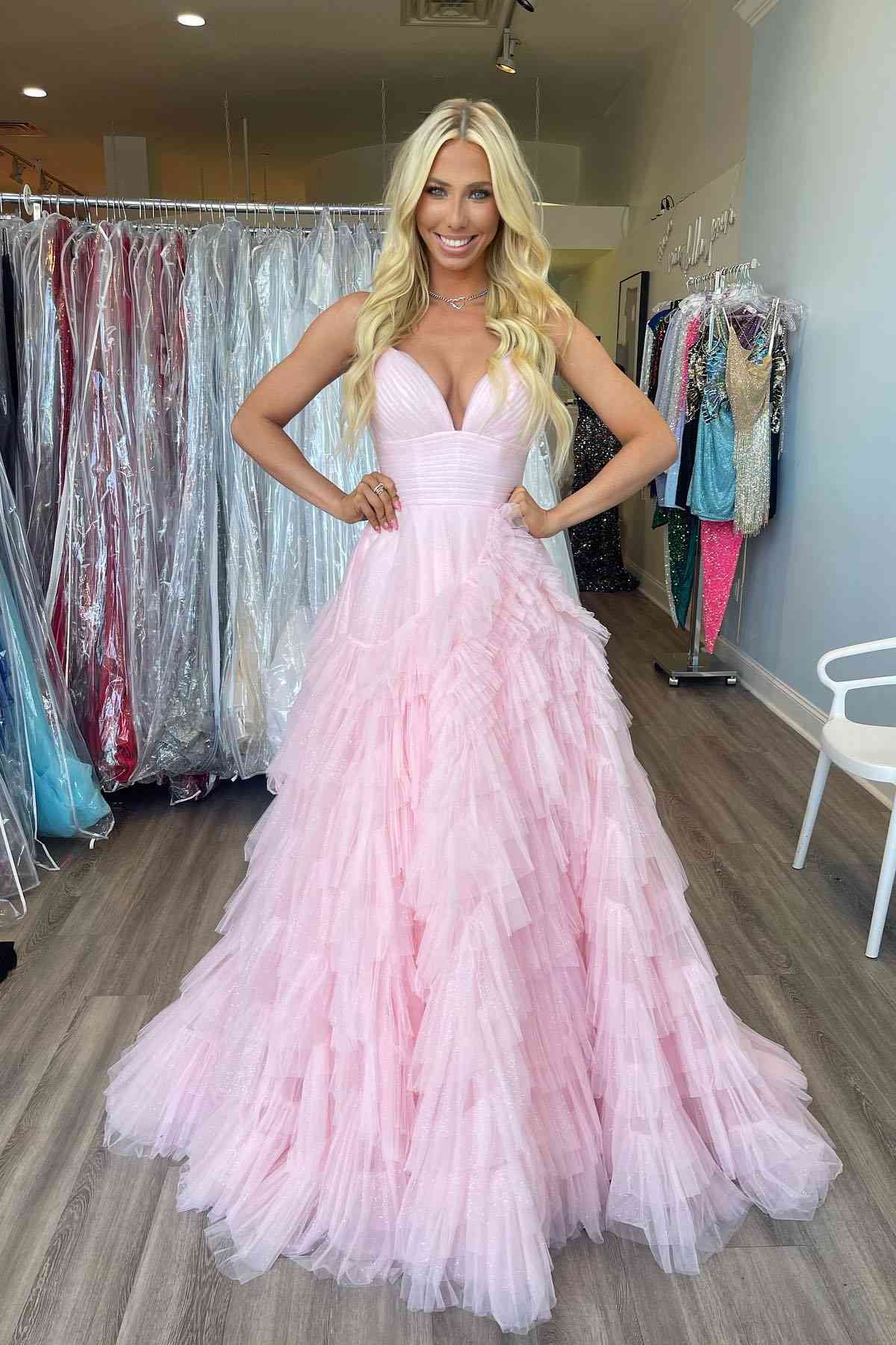 A-Line Spaghetti Straps Pink Princess Frill-Layered Long Prom Dress JKW128 - Us Size 2 / Light Pink A-Line Spaghetti Straps Pink Princess Frill-Layered Long Prom Dress JKW128 - Us Size 2 / Light Pink