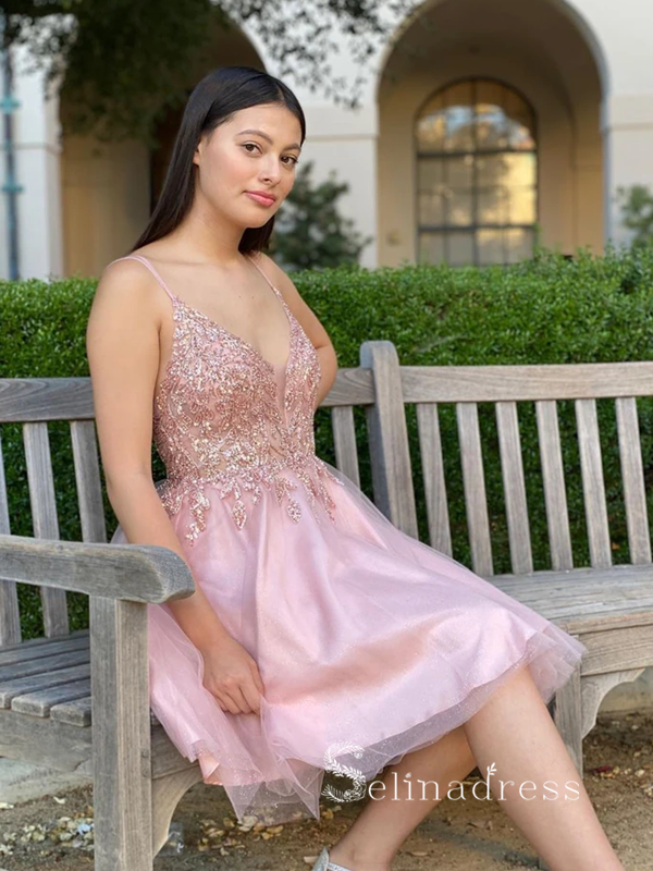 A-line Spaghetti Straps Pink Short Prom Dress Lace Homecoming Dresses #MHL121 A-line Spaghetti Straps Pink Short Prom Dress Lace Homecoming Dresses #MHL121