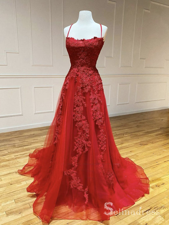 A-line Spaghetti Straps Red Prom Dresses Lace Long Evening Gowns CBD540|Selinadress