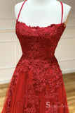 A-line Spaghetti Straps Red Prom Dresses Lace Long Evening Gowns CBD540|Selinadress