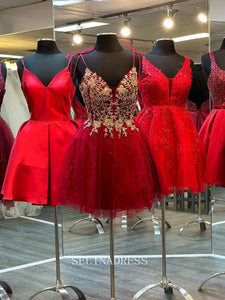 A-line Spaghetti Straps Red Short Prom Dress Beaded Tulle Homecoming Dress LOP012|Selinadress