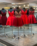 A-line Spaghetti Straps Red Short Prom Dress Beaded Tulle Homecoming Dress LOP012|Selinadress