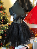 A-line Spaghetti Straps Rullfes Short Cute Homecoming Dress Black Short Prom Dress MLK05170|Selinadress