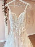 A-line Spaghetti Straps Rustic Lace Beaded Wedding Dresses White Bridal Gowns MSL2811|Selinadress