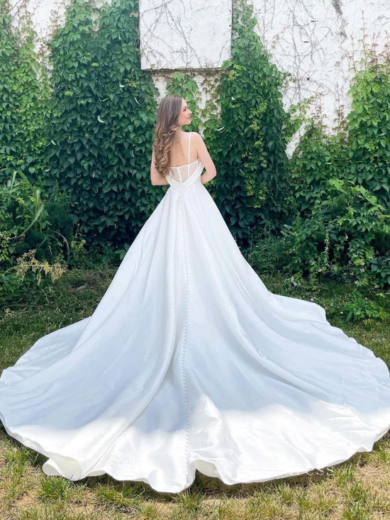 A-line Spaghetti Straps Satin Long Wedding Dress White Bridal Dress cb SELINADRESS A-line Spaghetti Straps Satin Long Wedding Dress White Bridal Dress cb SELINADRESS