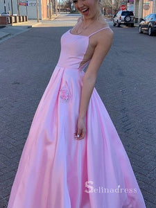 A-line Spaghetti Straps Satin Prom Dresses Long Pink Formal Evening Gowns CBD021