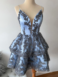 A-line Spaghetti Straps Short Prom Dress Beaded Homecoming Dresses Mini Party Dress MLK05165|Selinadress