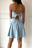 A-line Spaghetti Straps Sky Blue Satin Homecoming Dress Short Prom Dress RYU055|Selinadress