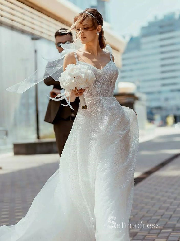 A-line Spaghetti Straps Sleeveless Sparkly Wedding Dress Sequins Wedding Gown RYU006|Selinadress