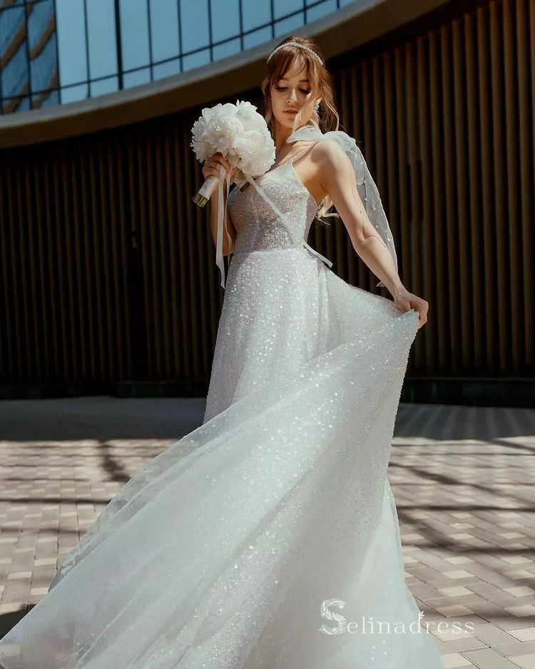 A-line Spaghetti Straps Sleeveless Sparkly Wedding Dress Sequins Weddi SELINADRESS A-line Spaghetti Straps Sleeveless Sparkly Wedding Dress Sequins Weddi SELINADRESS