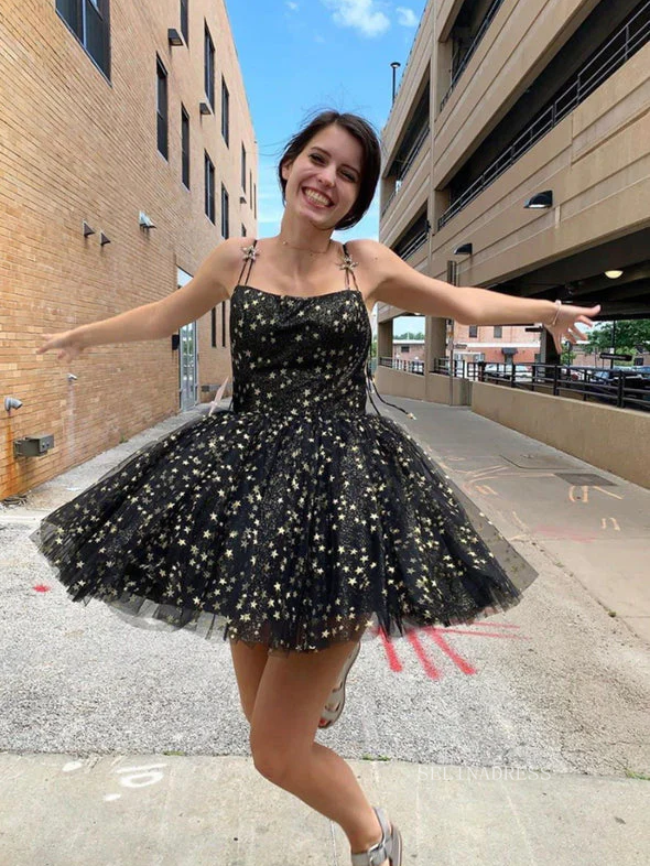 A-line Spaghetti Straps Sparkly Cute Homecoming Dress Black Short Prom – SELINADRESS