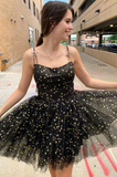A-line Spaghetti Straps Sparkly Cute Homecoming Dress Black Short Prom Dresses EDS019|Selinadress
