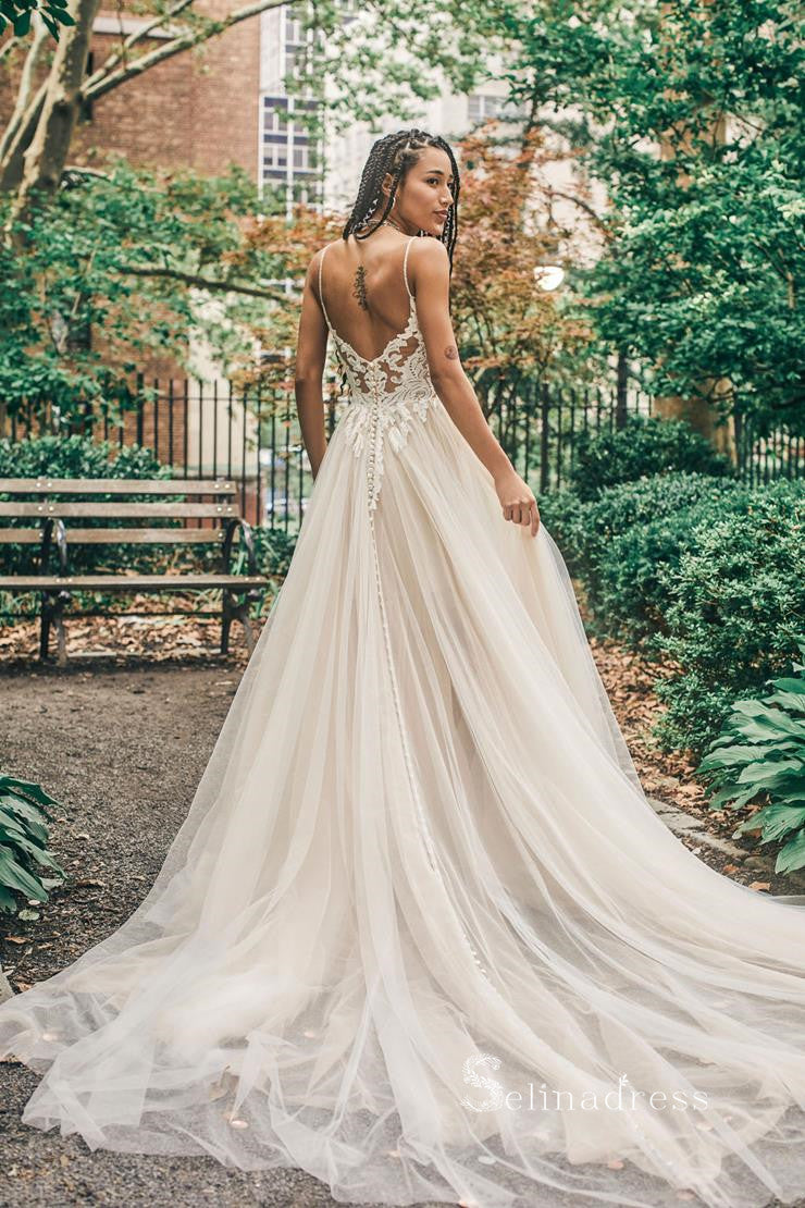 A-line Spaghetti Straps Thigh Split Lace Wedding Dresses Country Weddi SELINADRESS A-line Spaghetti Straps Thigh Split Lace Wedding Dresses Country Weddi SELINADRESS