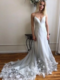 A-line Spaghetti Straps V neck Floral Lace Long Prom Dresses Evening Dress CBD531|Selinadress