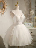 A-line Spaghetti Straps White Cute Homecoming Dress Beaded Short Prom Dresses EDS016|Selinadress