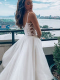 A-line Spaghetti Straps White Lace Long Prom Dresses Formal Dress Evening Gowns CBD573|Selinadress