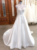 A-line Spaghetti Straps White Satin Wedding Dress Simple Formal Dress cbd500