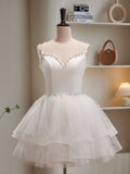 A-line Spaghetti Straps White Short Prom Dress Cute Tulle Homecoming Dress lop254|Selinadress