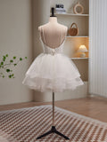 A-line Spaghetti Straps White Short Prom Dress Cute Tulle Homecoming Dress lop254|Selinadress