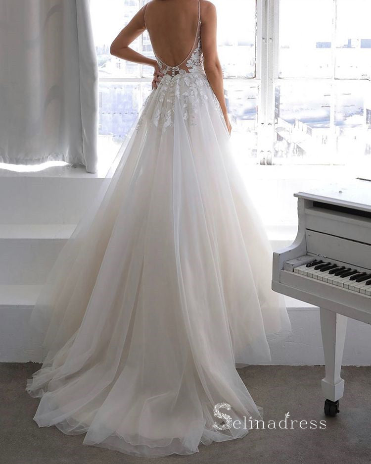 A-line Spaghetti Straps White Tulle Wedding Dress Backless Applique Br SELINADRESS A-line Spaghetti Straps White Tulle Wedding Dress Backless Applique Br SELINADRESS
