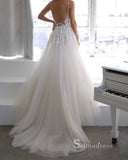 A-line Spaghetti Straps White Tulle Wedding Dress Backless Applique Bridal Dresses RYU032|Selinadress