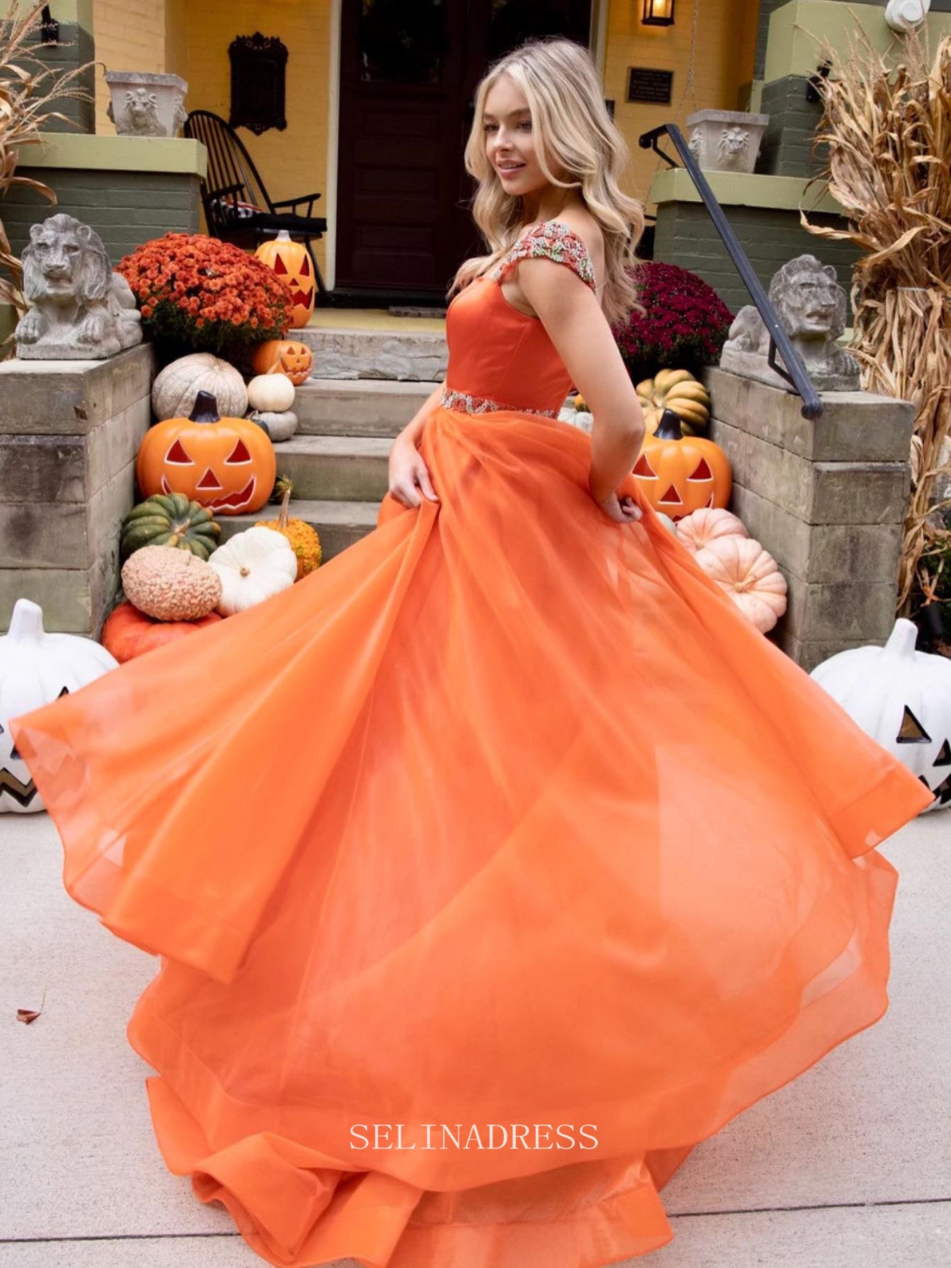 A-line Square Neck Orange Prom Dress Beautiful Beaded long Formal Dres SELINADRESS A-line Square Neck Orange Prom Dress Beautiful Beaded long Formal Dres SELINADRESS