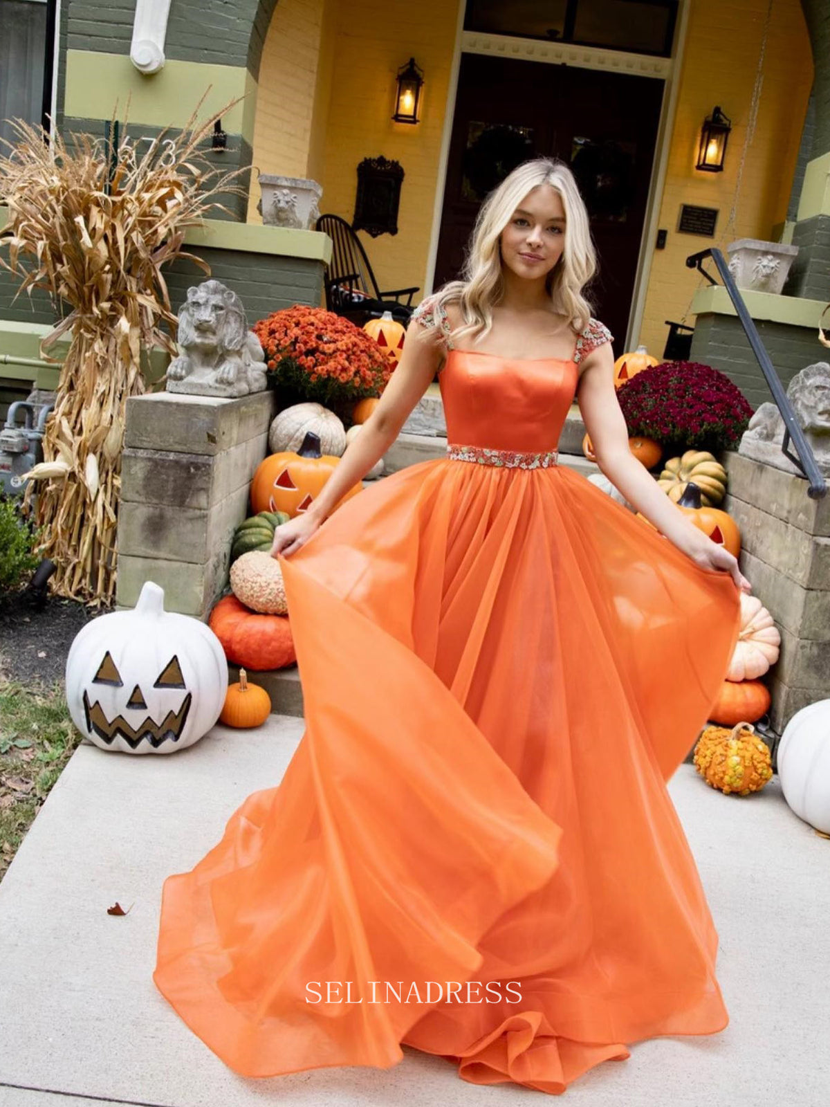 A-line Square Neck Orange Prom Dress Beautiful Beaded long Formal Dresses KPY056