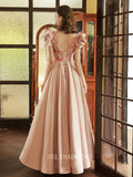 A Line Square Pink Prom Dress Vintage Long Prom Dress With Sleeve Princess Dresses OCN008|Selinadress