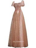 A-line Square Princess Dress Long Prom Dress Sparkly Beaded Long Evening Dress OSTY019|Selinadress