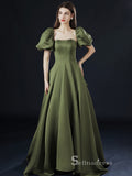 A-line Square Short Sleeve Long Prom Dress Satin Evening Dresses GKF018|Selinadress