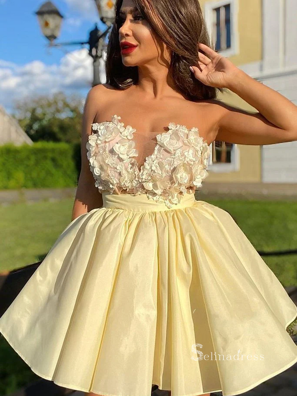 A-line Strapless 3D Floral Lace Short Homecoming Dress Yellow Prom Dress RYU049|Selinadress