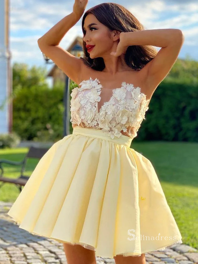 A-line Strapless 3D Floral Lace Short Homecoming Dress Yellow Prom Dre SELINADRESS A-line Strapless 3D Floral Lace Short Homecoming Dress Yellow Prom Dre SELINADRESS