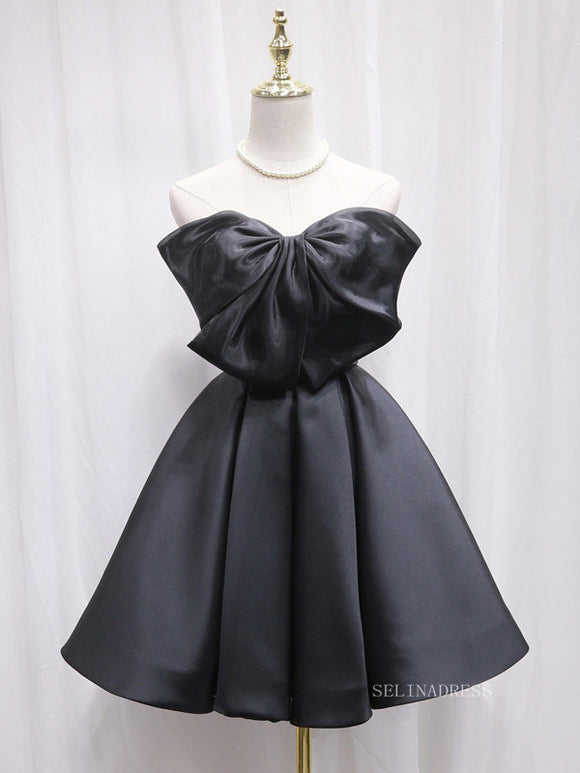 A-line Strapless Black Cute Homecoming Dress Big Bow Short Prom Dresses EDS025|Selinadress