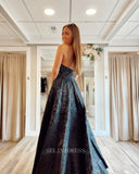 A-line Strapless Black long Prom Dress Sparkly Beaded Formal Dresses KPY055|Selinadress