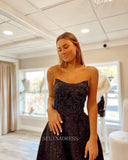 A-line Strapless Black long Prom Dress Sparkly Beaded Formal Dresses KPY055|Selinadress
