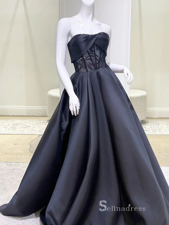 A-line Strapless Black Long Prom Dresses Cheap Satin Evening Dresses MLK048