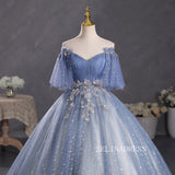 A-line Strapless Blue Long Prom Dress Ball Gown Short Sleeve Princess Quinceanera YUU002|Selinadress
