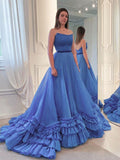 A-line Strapless Blue Long Prom Dress Ruffles Gorgeous Evening Gowns #POL002|Selinadress