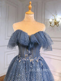 A-line Off-the-shoulder Blue Prom Dress Long Sparkly Evening Formal Gown hlks010|Selinadress