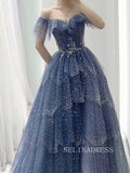 A-line Off-the-shoulder Blue Prom Dress Long Sparkly Evening Formal Gown hlks010|Selinadress