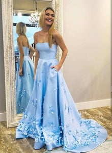 A-line Strapless Blue Satin Long Prom Dress Cheap Simple Formal Evening Dress SED137|Selinadress