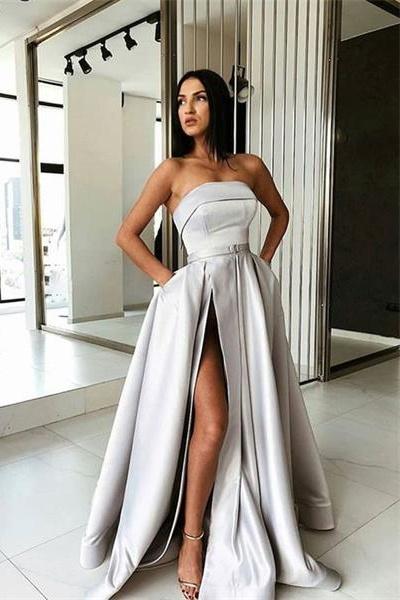 A-line Strapless Cheap Long Prom Dress Satin Gray Evening Dress CBD470|Selinadress