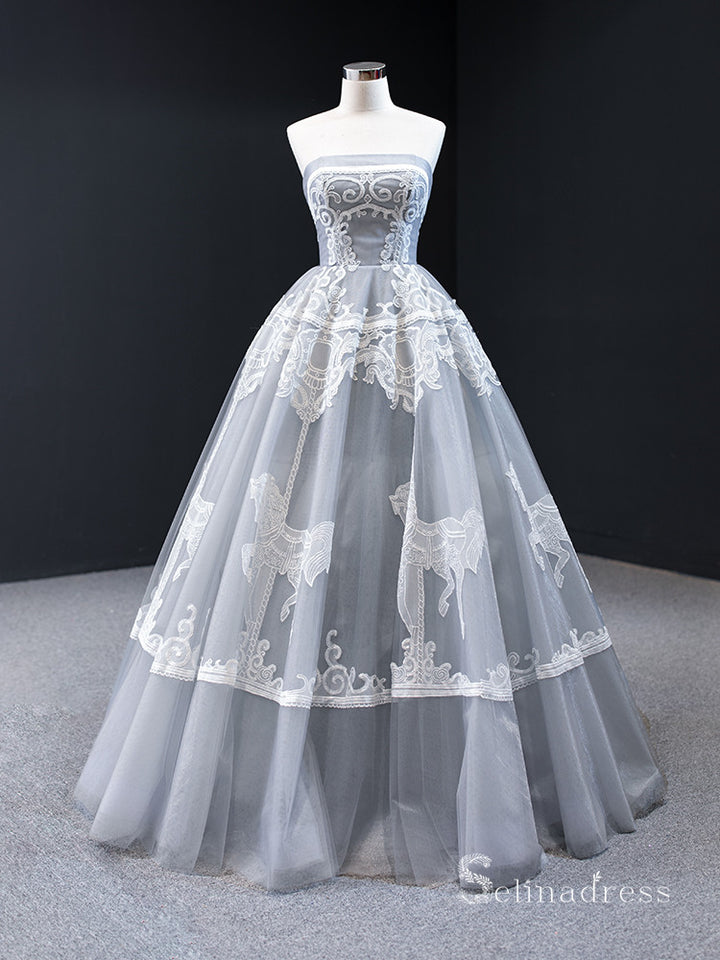 grey quinceanera dresses Tulle Lace Beaded Quinceanera Dresses Ball Gown Sweet 16 Birthday Dres –  Hebebridal main image 1