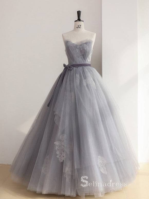 A-line Strapless Gray Long Prom Dress Ball Gown Princess Evening Dresses GKF025|Selinadress、