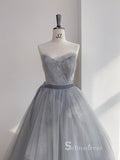 A-line Strapless Gray Long Prom Dress Ball Gown Princess Evening Dresses GKF025|Selinadress、