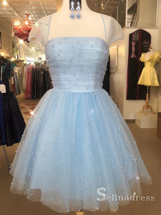 A-line Strapless Light Sky Blue Beaded Short Prom Dress Homecoming Dresses #MHL116