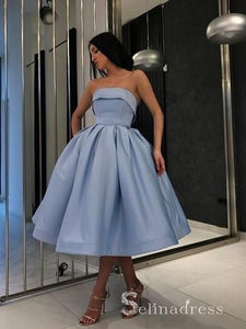 A-line Strapless Light Sky Blue Tea Length Prom Dress Satin Formal Gowns #CBD260|Selinadress